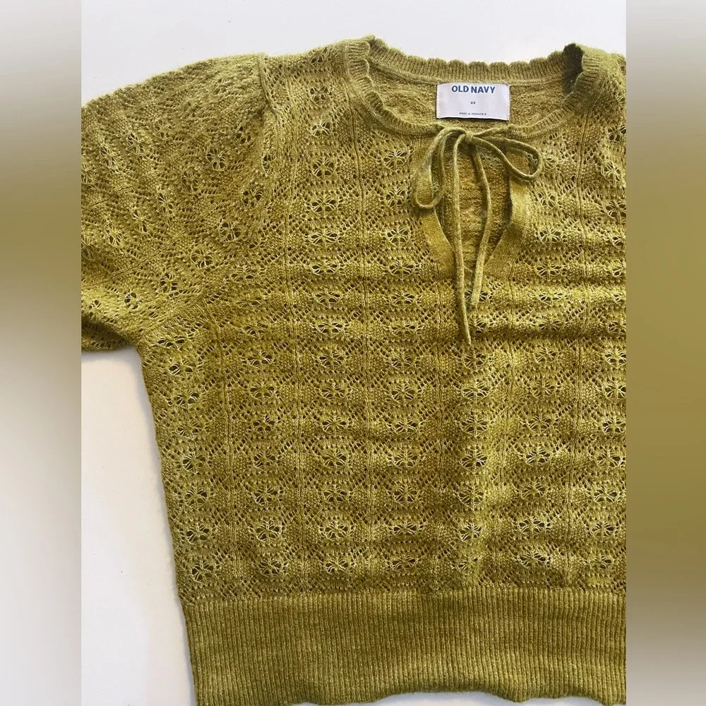 Puff-Sleeve Tie-Neck Pointelle Sweater Open Knit XS
